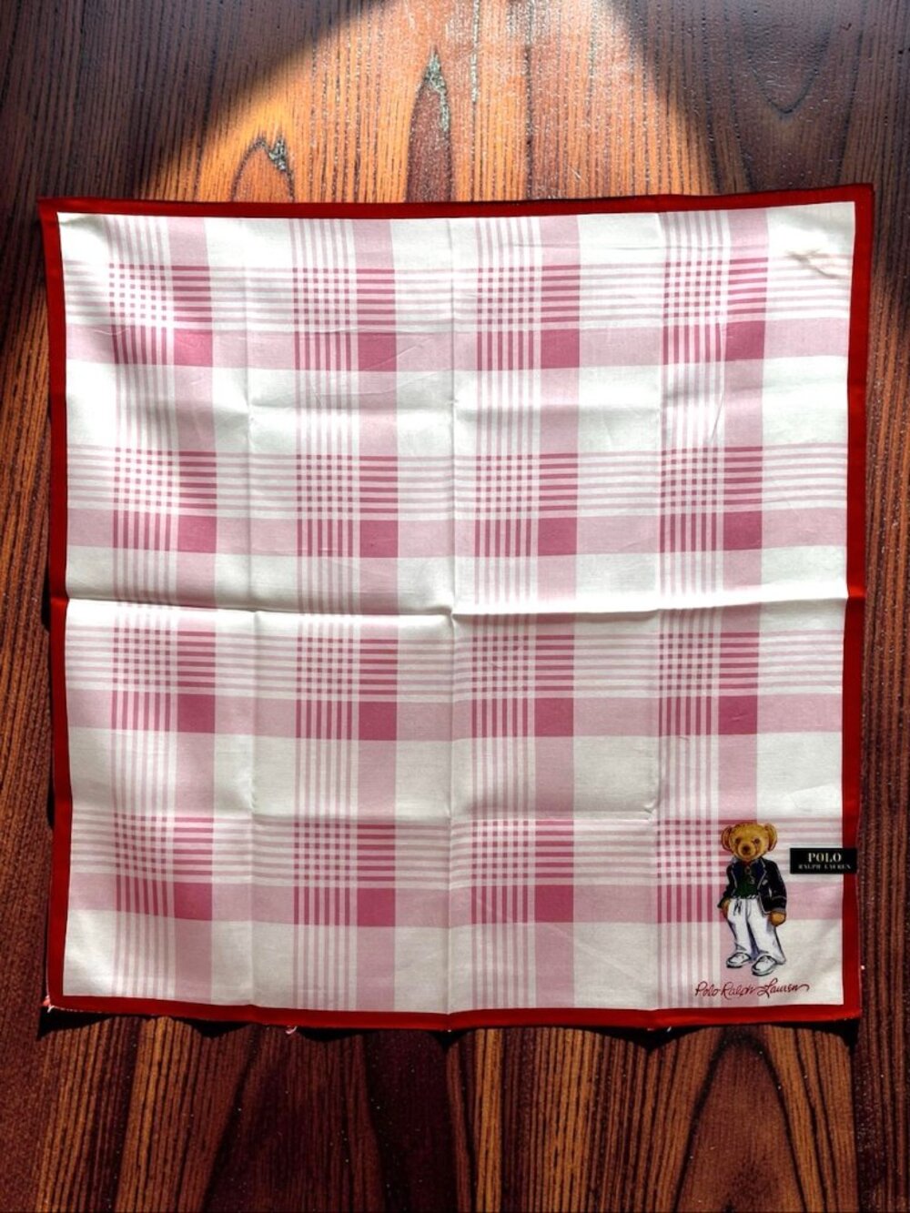 Polo Ralph Lauren Handkerchief /Mini Scarf 19" pink white check with bear(84) - Picture 3 of 14